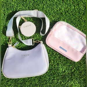 bebe Mara Nylon Crossbody Bag In Beige And bebe Cosmetic Bag In Dusty Rose